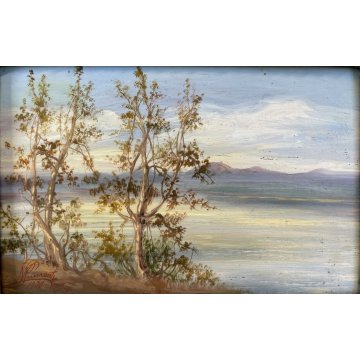 ANTICO PICCOLO DIPINTO OLIO TEMPERA N. Laurenti PAESAGGIO COLLINARE LAGO 1930