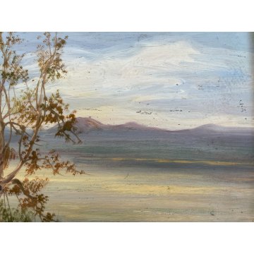 ANTICO PICCOLO DIPINTO OLIO TEMPERA N. Laurenti PAESAGGIO COLLINARE LAGO 1930