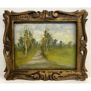 ANTICO PICCOLO DIPINTO OLIO N. Laurenti PAESAGGIO PIANURA SENTIERO SELVA 1931