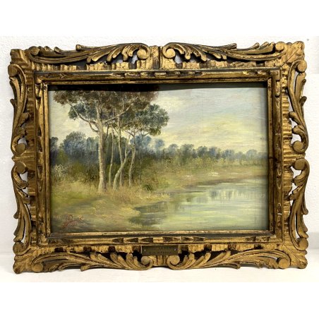ANTICO DIPINTO OLIO TAVOLA N. Laurenti PAESAGGIO LACUSTRE LOMBARDO 65x50 cm 1931