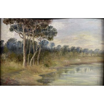 ANTICO DIPINTO OLIO TAVOLA N. Laurenti PAESAGGIO LACUSTRE LOMBARDO 65x50 cm 1931