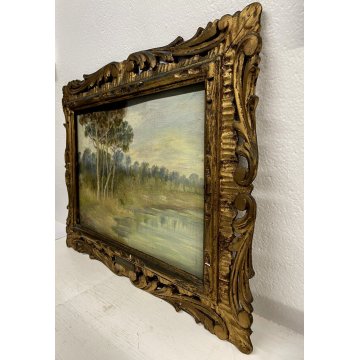 ANTICO DIPINTO OLIO TAVOLA N. Laurenti PAESAGGIO LACUSTRE LOMBARDO 65x50 cm 1931