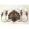 ANTICA GRANDE APPLIQUE LAMPADA MURO 5 LUCI FERRO BATTUTO LEGNO EPOCA OLD 1900