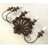 ANTICA GRANDE APPLIQUE LAMPADA MURO 5 LUCI FERRO BATTUTO LEGNO EPOCA OLD 1900
