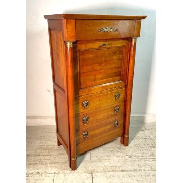 ANTICO SECRETAIRE IMPERO LEGNO NOCE epoca 900 CASSETTIERA RIBALTA segreto ottone