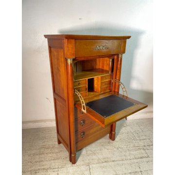 ANTICO SECRETAIRE IMPERO LEGNO NOCE epoca 900 CASSETTIERA RIBALTA segreto ottone