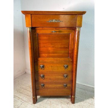 ANTICO SECRETAIRE IMPERO LEGNO NOCE epoca 900 CASSETTIERA RIBALTA segreto ottone