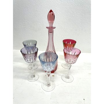 SET BOTTIGLIA LIQUORE CRISTALLO MOLATO Moser con 5 BICCHIERI VINTAGE MULTICOLORE