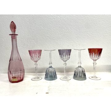 SET BOTTIGLIA LIQUORE CRISTALLO MOLATO Moser con 5 BICCHIERI VINTAGE MULTICOLORE