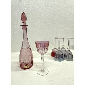 SET BOTTIGLIA LIQUORE CRISTALLO MOLATO Moser con 5 BICCHIERI VINTAGE MULTICOLORE