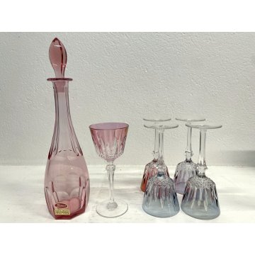 SET BOTTIGLIA LIQUORE CRISTALLO MOLATO Moser con 5 BICCHIERI VINTAGE MULTICOLORE