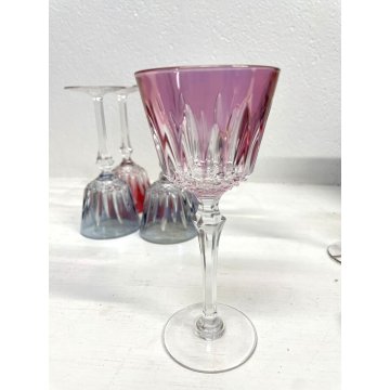 SET BOTTIGLIA LIQUORE CRISTALLO MOLATO Moser con 5 BICCHIERI VINTAGE MULTICOLORE