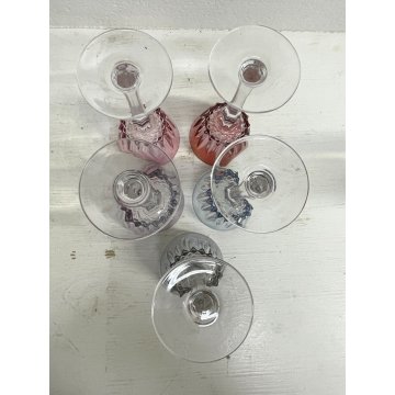 SET BOTTIGLIA LIQUORE CRISTALLO MOLATO Moser con 5 BICCHIERI VINTAGE MULTICOLORE