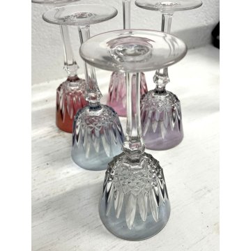 SET BOTTIGLIA LIQUORE CRISTALLO MOLATO Moser con 5 BICCHIERI VINTAGE MULTICOLORE