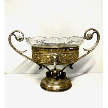 ANTICA ALZATA CENTROTAVOLA JARDINIERE METALLO ARGENTATO BOWL VETRO MOLATO ø 22cm