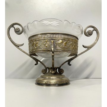 ANTICA ALZATA CENTROTAVOLA JARDINIERE METALLO ARGENTATO BOWL VETRO MOLATO ø 22cm