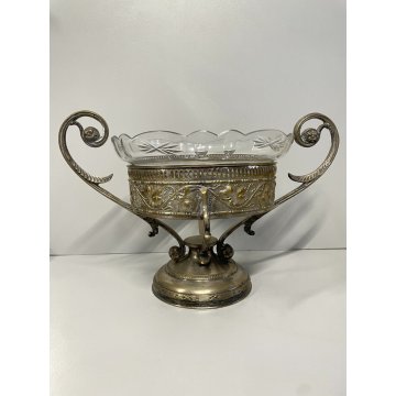 ANTICA ALZATA CENTROTAVOLA JARDINIERE METALLO ARGENTATO BOWL VETRO MOLATO ø 22cm