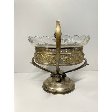 ANTICA ALZATA CENTROTAVOLA JARDINIERE METALLO ARGENTATO BOWL VETRO MOLATO ø 22cm