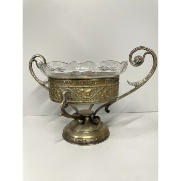 ANTICA ALZATA CENTROTAVOLA JARDINIERE METALLO ARGENTATO BOWL VETRO MOLATO ø 22cm