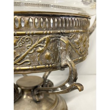 ANTICA ALZATA CENTROTAVOLA JARDINIERE METALLO ARGENTATO BOWL VETRO MOLATO ø 22cm