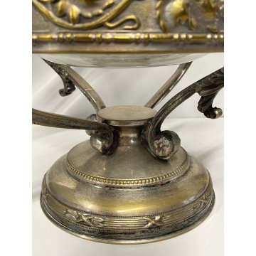 ANTICA ALZATA CENTROTAVOLA JARDINIERE METALLO ARGENTATO BOWL VETRO MOLATO ø 22cm