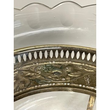 ANTICA ALZATA CENTROTAVOLA JARDINIERE METALLO ARGENTATO BOWL VETRO MOLATO ø 22cm