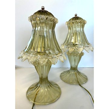 COPPIA ABATJOUR Barovier LAMPADA VINTAGE VETRO MURANO CHAMPAGNE TRASPARENTE ORO