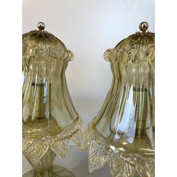 COPPIA ABATJOUR Barovier LAMPADA VINTAGE VETRO MURANO CHAMPAGNE TRASPARENTE ORO