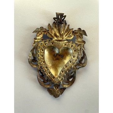 CUORE VOTIVO Ex Voto per GRAZIA RICEVUTA LAMINA METALLICA ARTE SACRA PRIMO '900