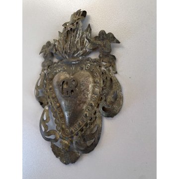 CUORE VOTIVO Ex Voto per GRAZIA RICEVUTA LAMINA METALLICA ARTE SACRA PRIMO '900