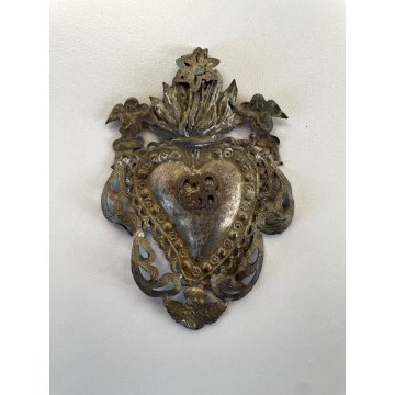 CUORE VOTIVO Ex Voto per GRAZIA RICEVUTA LAMINA METALLICA ARTE SACRA PRIMO '900