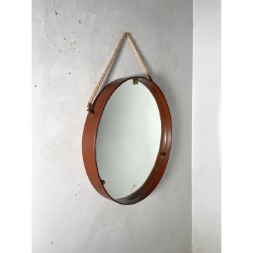 SPECCHIO ROTONDO CORNICE PELLE COGNAC MID-CENTURY DESIGN ROUND MIRROR ø 50,5 cm