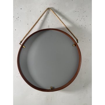 SPECCHIO ROTONDO CORNICE PELLE COGNAC MID-CENTURY DESIGN ROUND MIRROR ø 50,5 cm