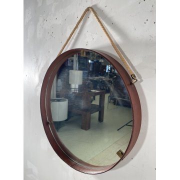 SPECCHIO ROTONDO CORNICE PELLE COGNAC MID-CENTURY DESIGN ROUND MIRROR ø 50,5 cm