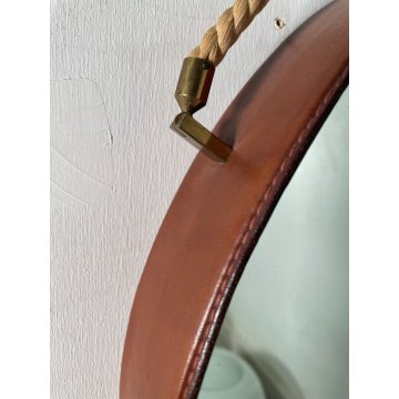 SPECCHIO ROTONDO CORNICE PELLE COGNAC MID-CENTURY DESIGN ROUND MIRROR ø 50,5 cm