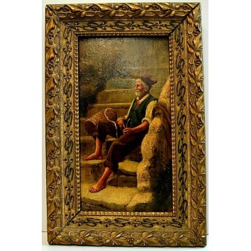ANTICO PICCOLO QUADRO DIPINTO OLIO TAVOLA VECCHIO CONTADINO SCALA IMPAGLIATORE 
