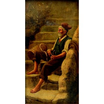 ANTICO PICCOLO QUADRO DIPINTO OLIO TAVOLA VECCHIO CONTADINO SCALA IMPAGLIATORE 