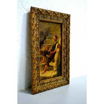 ANTICO PICCOLO QUADRO DIPINTO OLIO TAVOLA VECCHIO CONTADINO SCALA IMPAGLIATORE 