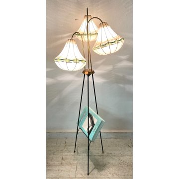 LAMPADA DA TERRA VINTAGE ANNI 50 PORTA RIVISTE OTTONE 3 LUCI DESIGN PIANTANA