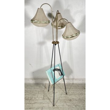 LAMPADA DA TERRA VINTAGE ANNI 50 PORTA RIVISTE OTTONE 3 LUCI DESIGN PIANTANA