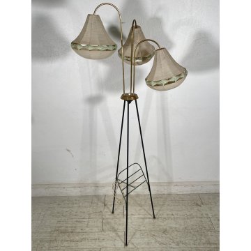 LAMPADA DA TERRA VINTAGE ANNI 50 PORTA RIVISTE OTTONE 3 LUCI DESIGN PIANTANA