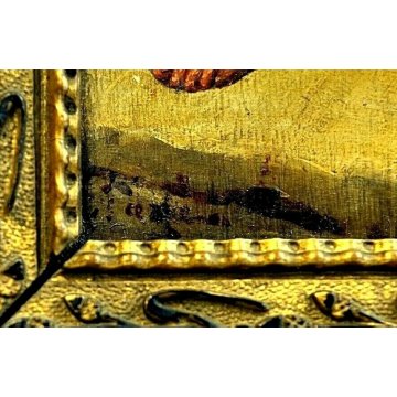 ANTICO PICCOLO QUADRO DIPINTO OLIO TAVOLA VECCHIO CONTADINO SCALA IMPAGLIATORE 