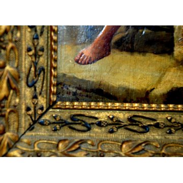 ANTICO PICCOLO QUADRO DIPINTO OLIO TAVOLA VECCHIO CONTADINO SCALA IMPAGLIATORE 