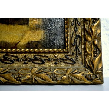 ANTICO PICCOLO QUADRO DIPINTO OLIO TAVOLA VECCHIO CONTADINO SCALA IMPAGLIATORE 