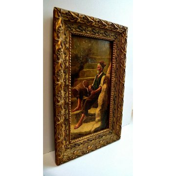 ANTICO PICCOLO QUADRO DIPINTO OLIO TAVOLA VECCHIO CONTADINO SCALA IMPAGLIATORE 