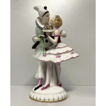 SCULTURA PORCELLANA GINORI Schwarza Saalbahn Pierrot Colombina 23 cm/h DECO' 900