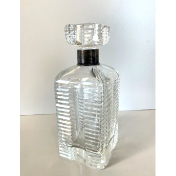 ANTICA BOTTIGLIA Whisky DECANTER CRISTALLO MOLATO COLLARE ARGENTO 800 ART DECO'