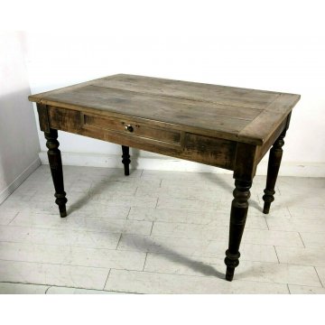 ANTICO TAVOLO in NOCE CASTAGNO CON CASSETTO GAMBE TORNITE 1800 EPOCA 130x86x81H