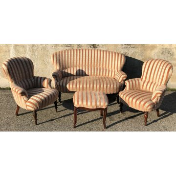 SET SALOTTO LUIGI FILIPPO DIVANO 2 POLTRONE POGGIA PIEDI 1800 SOFA PUOF VELLUTO 