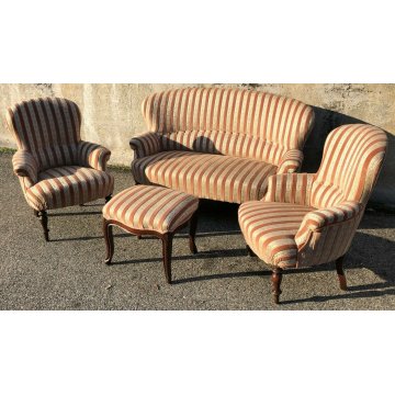 SET SALOTTO LUIGI FILIPPO DIVANO 2 POLTRONE POGGIA PIEDI 1800 SOFA PUOF VELLUTO 